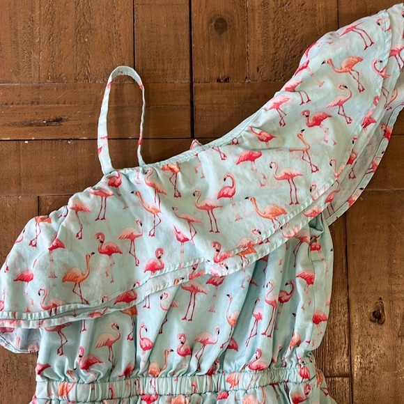Janie and jack aqua Flamingo Print One-Shoulder ruffle dress - Picture 3 of 6